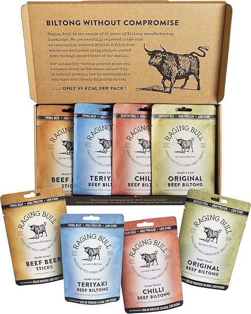 Raging Bull Biltong Taster Pack - 2x28g Bags of Original, Chilli and Teriyaki Beef Biltong and 2x50g of Original Droewors Sticks. Tender Snacks high in Protein, Low in Carbs and Utterly Delicious.