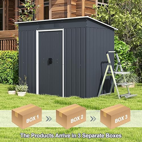 Miniatura 2 de Goplus Cobertizo de almacenamiento para exteriores con base de suelo, casa de herramientas de metal resistente a la intemperie de 3.6 x 7.1 pies con