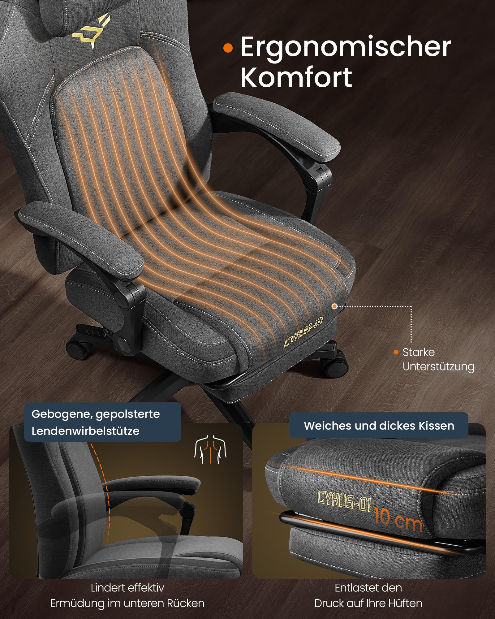 SONGMICS HOME Gaming-Stuhl, ergonomischer Computerstuhl mit Fußstütze, Bürostuhl, Drehstuhl mit Kopfkissen, Baumwoll-Leinen-Mischgewebe, höhenverstellbar, Taubengrau OBG072G01