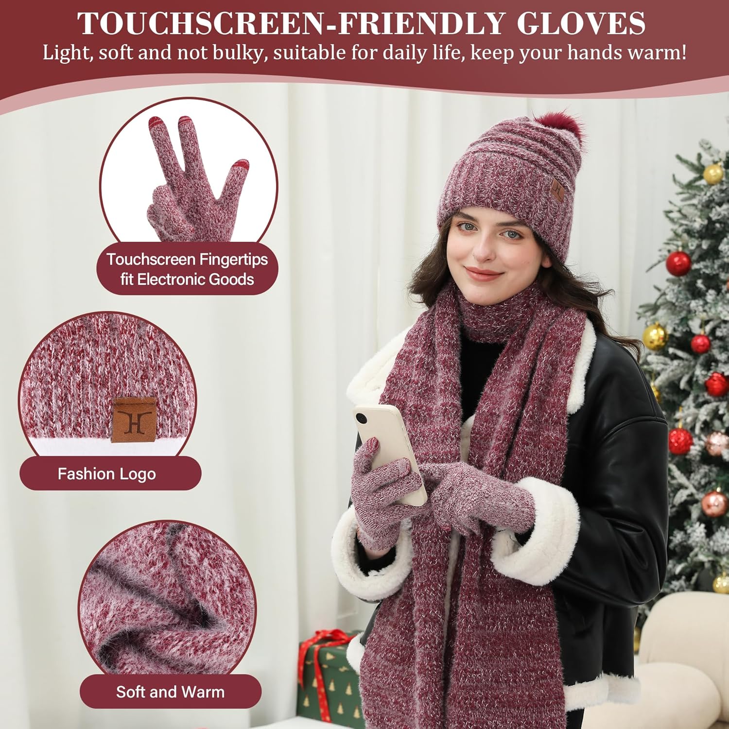 Womens Winter Hats Beanie Touchscreen Gloves Long Scarf Set Knit Warm Caps with Pom Fleece Gifts for Women - Image 3