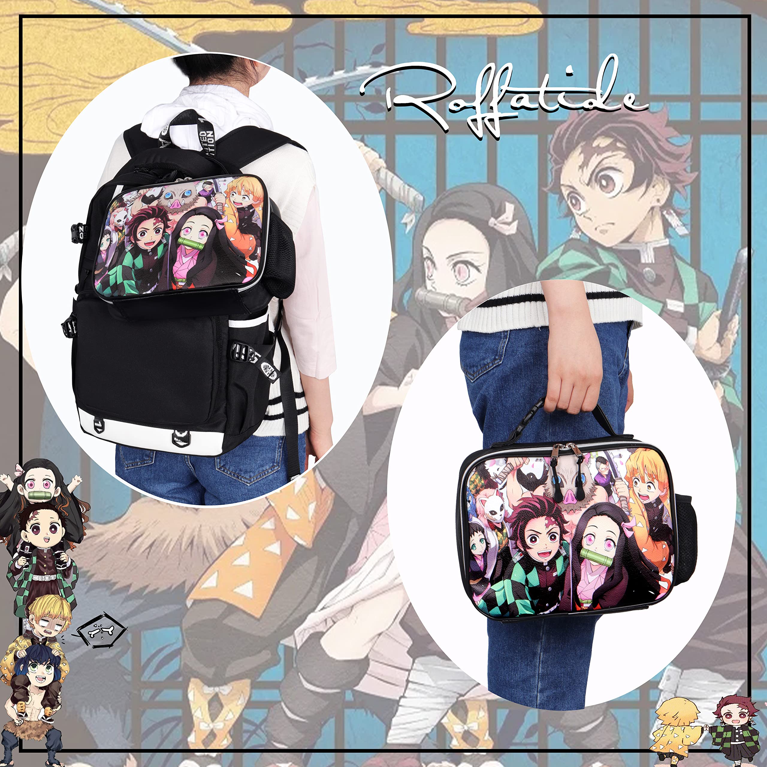 Roffatide Anime Demon Slayer Sac à lunch pour l'école et le travail Boîte à lunch de voyage et de pique-nique Lunch Box Travel Picnic Container