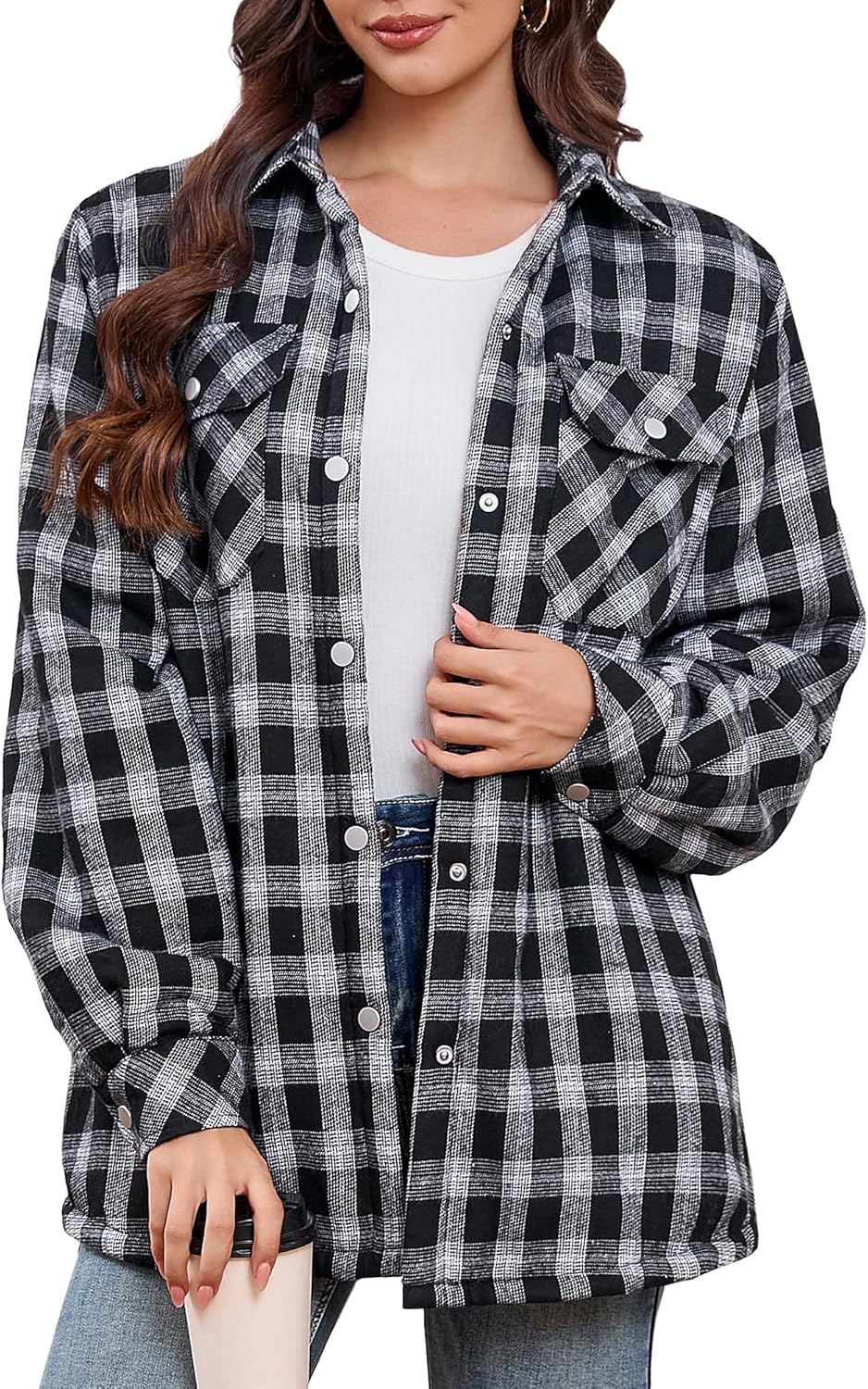 Women's Fleece Flannel Jacket Cotton Plaid Button Down Shirts Jacket Sherpa Lined Plaid Jackets for Women - Image 2