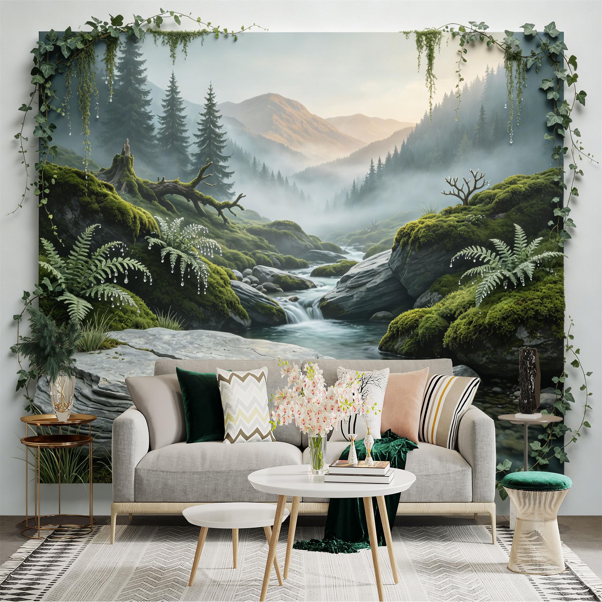 Custom Size Wall Sticker Mural， Misty Mountain Stream with Mossy Rocks and Pine Forest， for wall Decoration， peelandstick wall Decals.