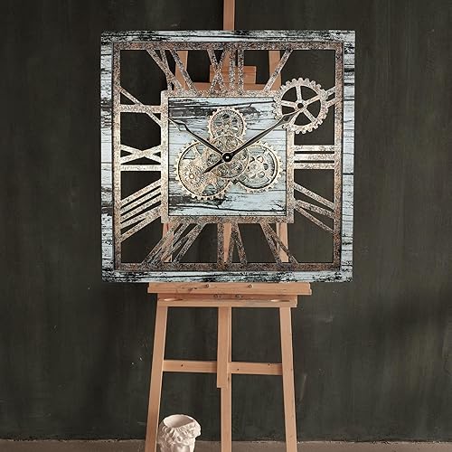 Miniatura 5 de The Gears Clock - Reloj de pared cuadrado con engranaje móvil real de 24 pulgadas, estilo vintage, industrial, de gran tamaño, rústico, granja (gris