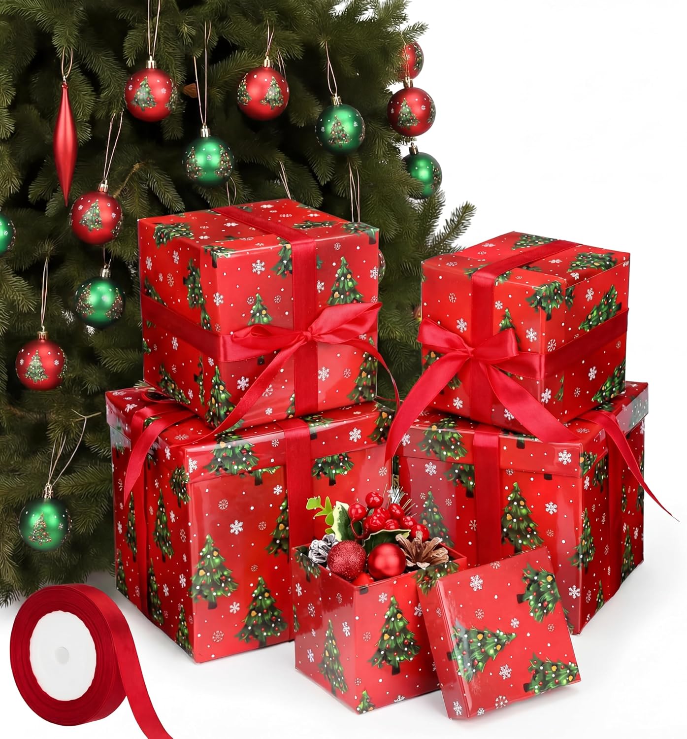 Cholemy 5 Pcs Nesting Gift Box with Lid Square Assorted Size Xmas Nested Box Set with Ribbon for House Warming Gift Wrap(Xmas Tree)