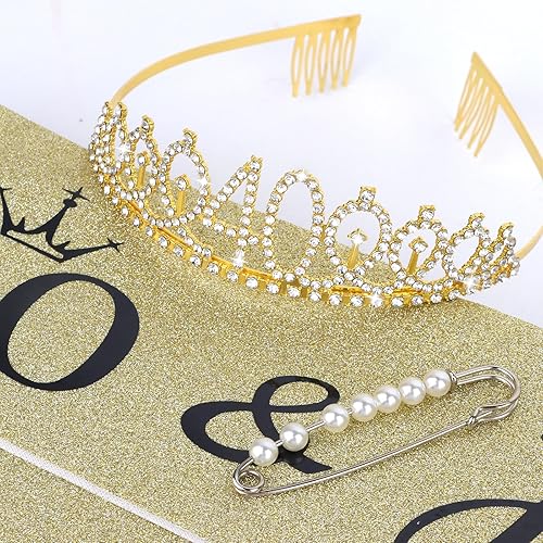 Miniatura 7 de CIEHER Corona dorada para cumpleaños de 40 años + banda de cumpleaños de 40 años + pin de perla, tiara de 40 cumpleaños para mamá, decoraciones de