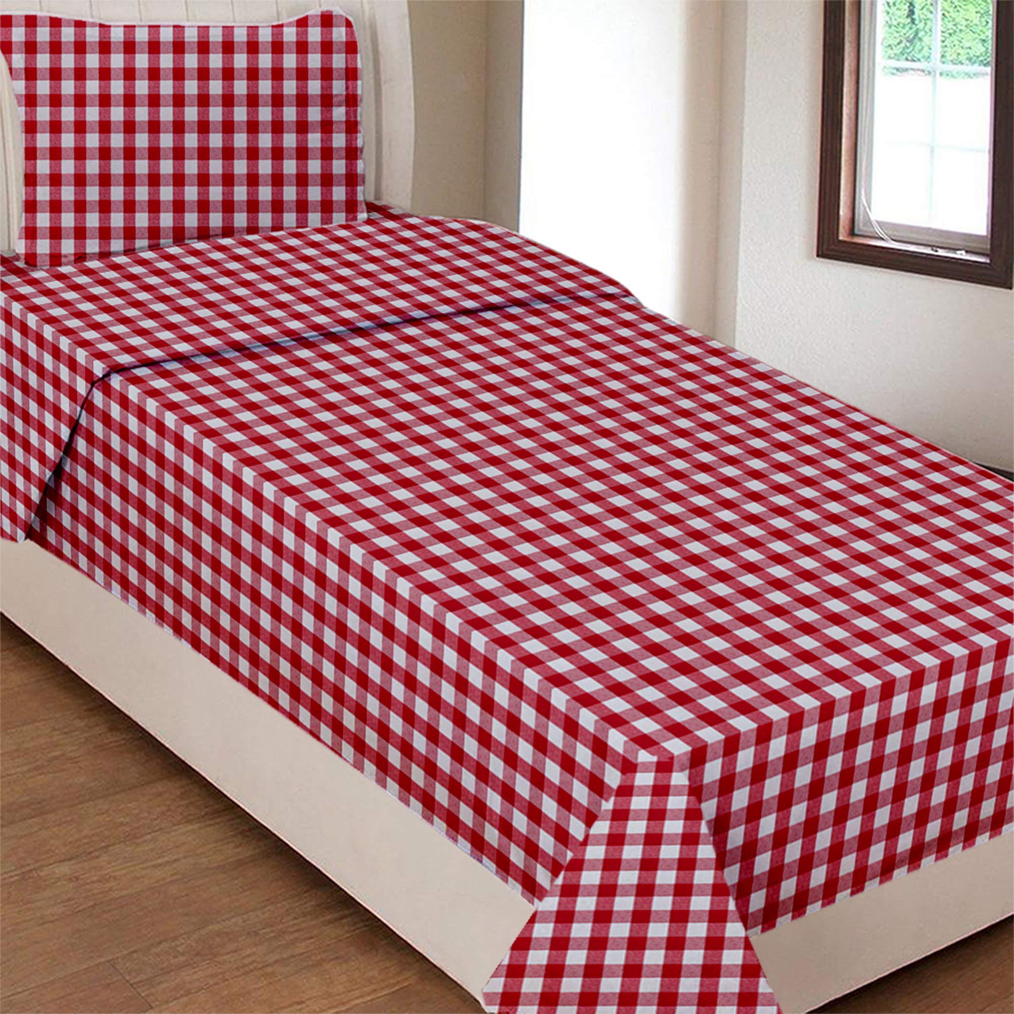 AIRWILL Cotton Gingham Checks 200 GSM Single Bedsheet with 1 Pillow Cover (Red, Pack of 1 Set)-image-38