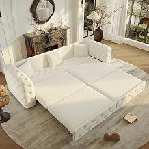 89'' Chesterfield Sofa Bed King Size, Velvet Loveseat Sleeper Sofa, Beige