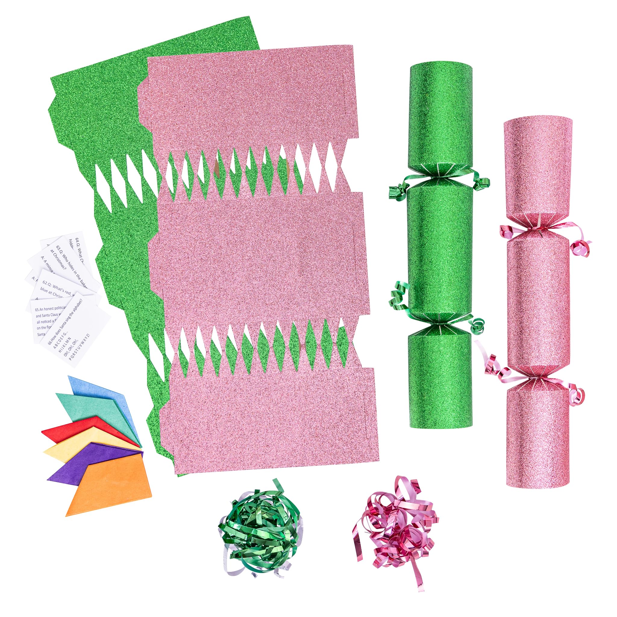 evelay 12 Make Your Own Christmas Cracker Kit DIY Pink & Green Glitter Crackers Hats Snaps Jokes (Pink, Green)
