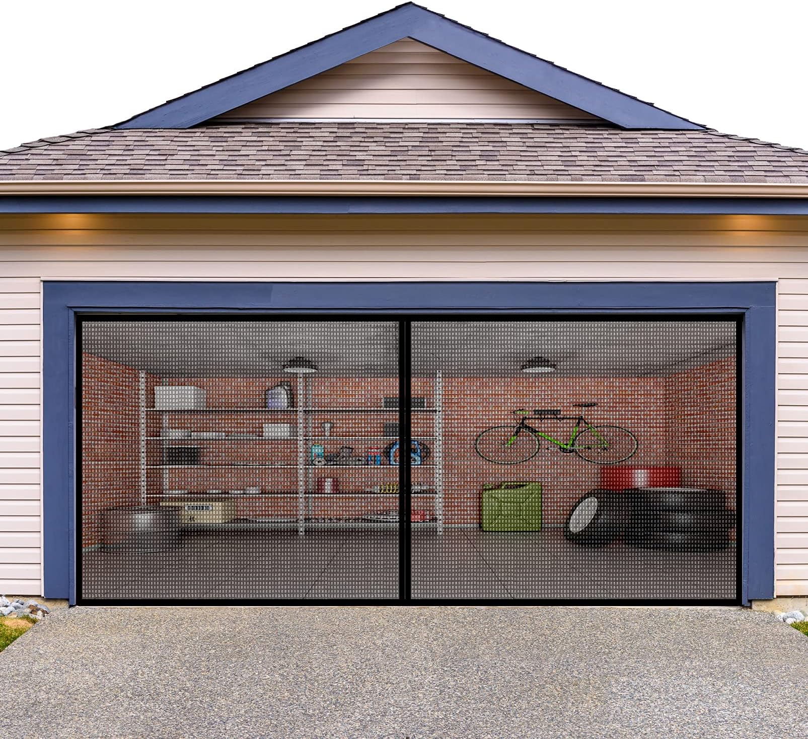 MOdeush Garage Door Screen for 2 Car 16 x 7 FT, Black Heavy Duty Glass Fiber Magnetic Self-Closing Garage Screen Mesh Net, Durable, Hand Free, Easy Installation, Grommets Weighted Bottom
