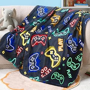 Joiedomi Glow in The Dark Gaming Blanket Gamer Gifts for Boys Age 2 3 4 5 6 7 8 9 10 11 12 Year Old, Soft Cozy Flannel Kids Throw Blanket, Birthday Bedroom Decor Grey 50"60"