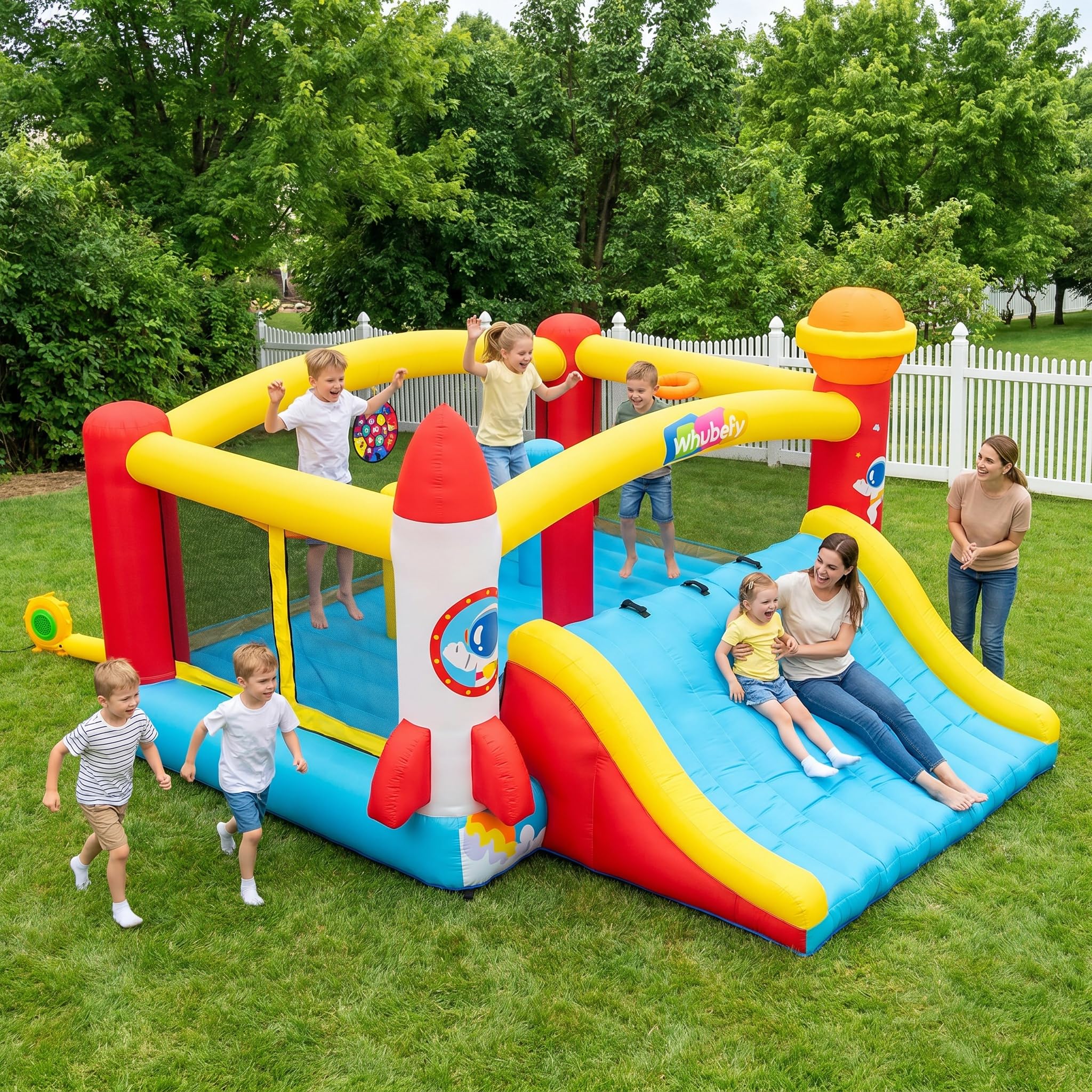 Castello gonfiabile per bambini di età 8-12 anni, 4,1 x 4,1 m, per interni ed esterni, con ventilatore, castello gonfiabile spaziale per feste e giardino