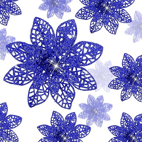 Vista 134 de 24 piezas de adorno de árbol de Navidad de Nochebuena con brillantina. Adorno de decoración de flores de Navidad. 3, 4 y 6 pulgadas / 7.62, 10.16