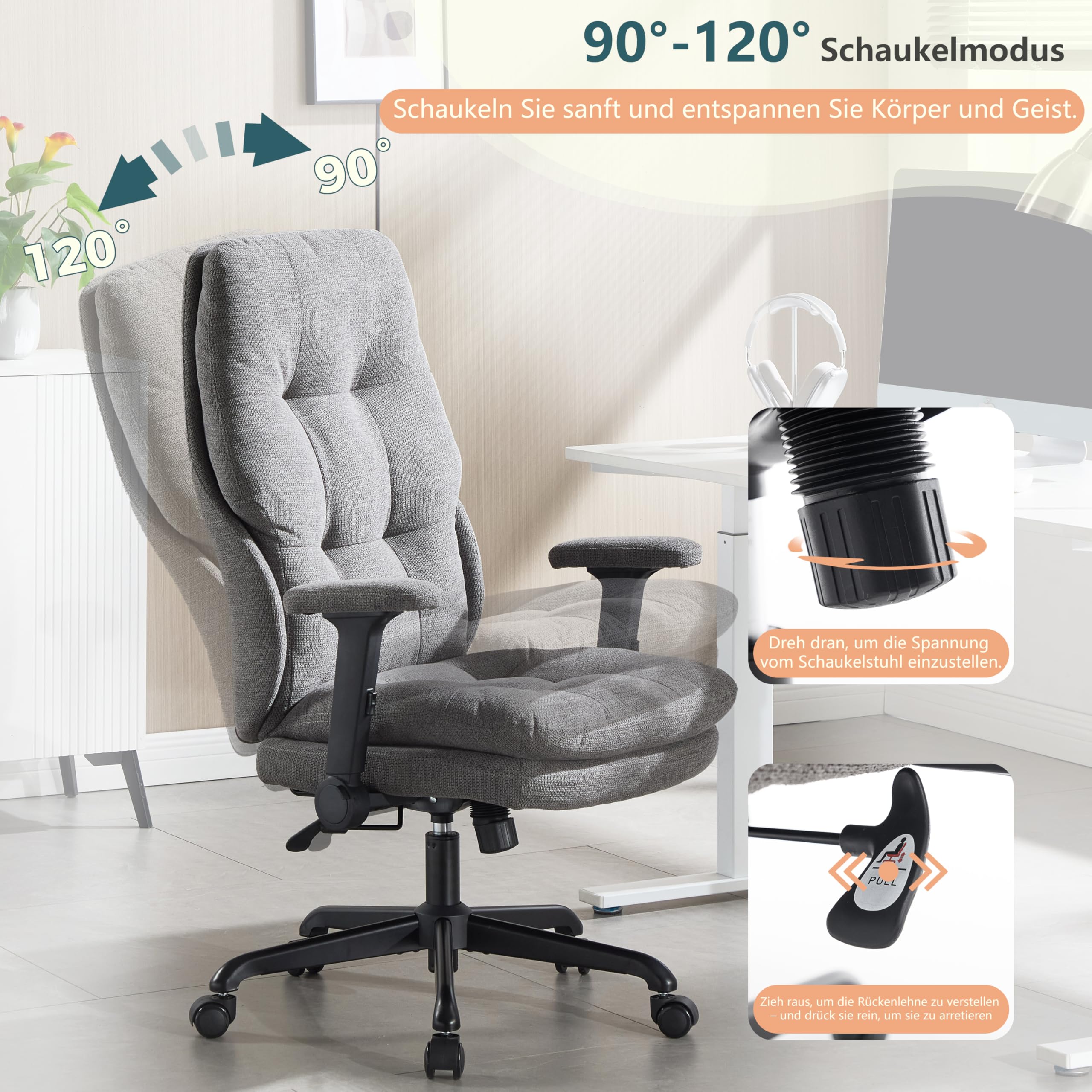 Fizzin Grau Ergonomischer Bürostuhl Chefsessel | Hohe Rückenlehne, Doppelkissen-Armlehnen, umkehrbar & höhenverstellbar Computerstuhl für Büro und Homeoffice
