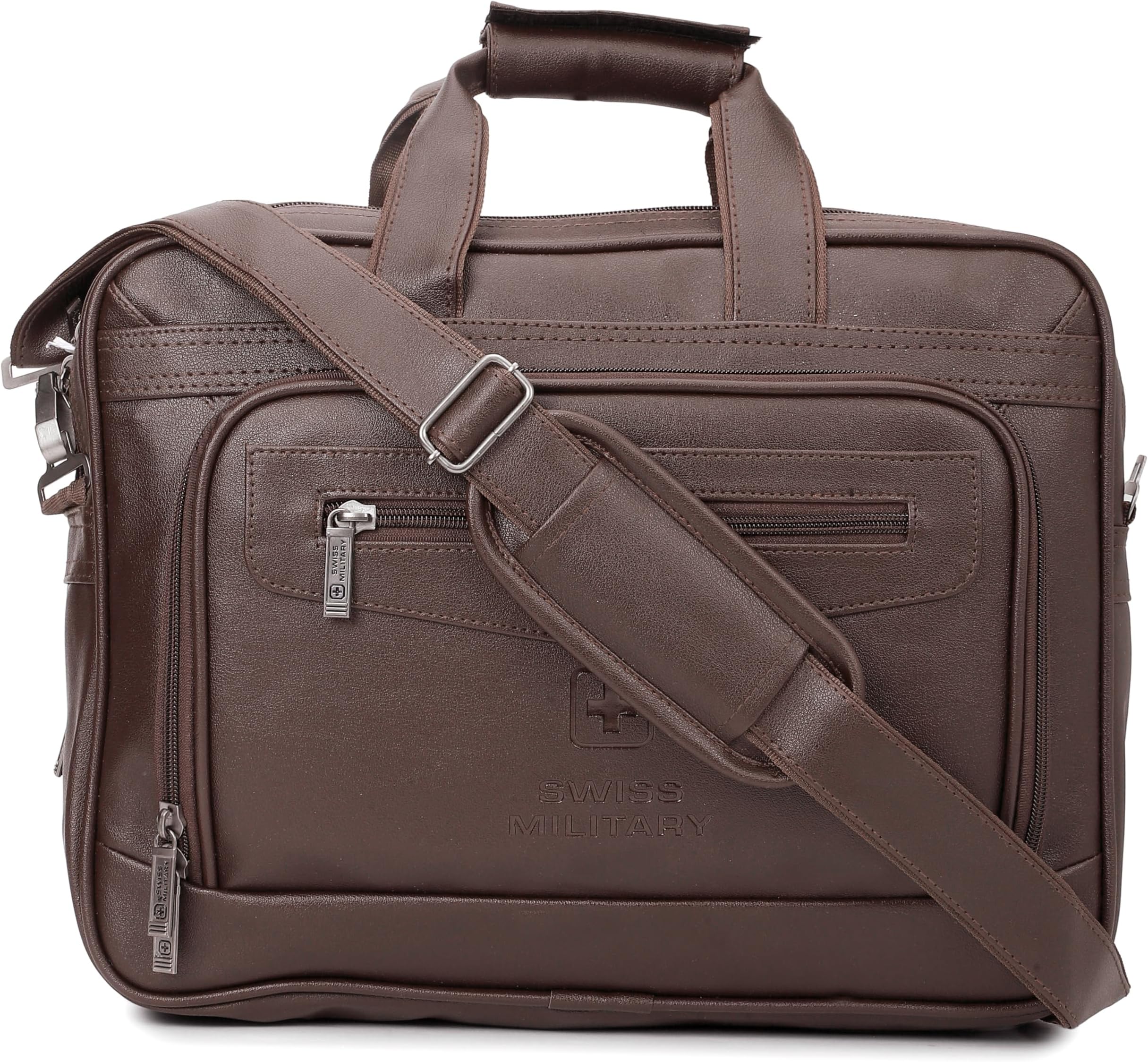 Swiss Military VERBEPRO Premium Leatherette Laptop Sling Bag with 15.4 Inch Padded Compartment, Accessory Organizer, File Section, Premium Zippers & Detachable Strap, Use for Office, Business -Brown