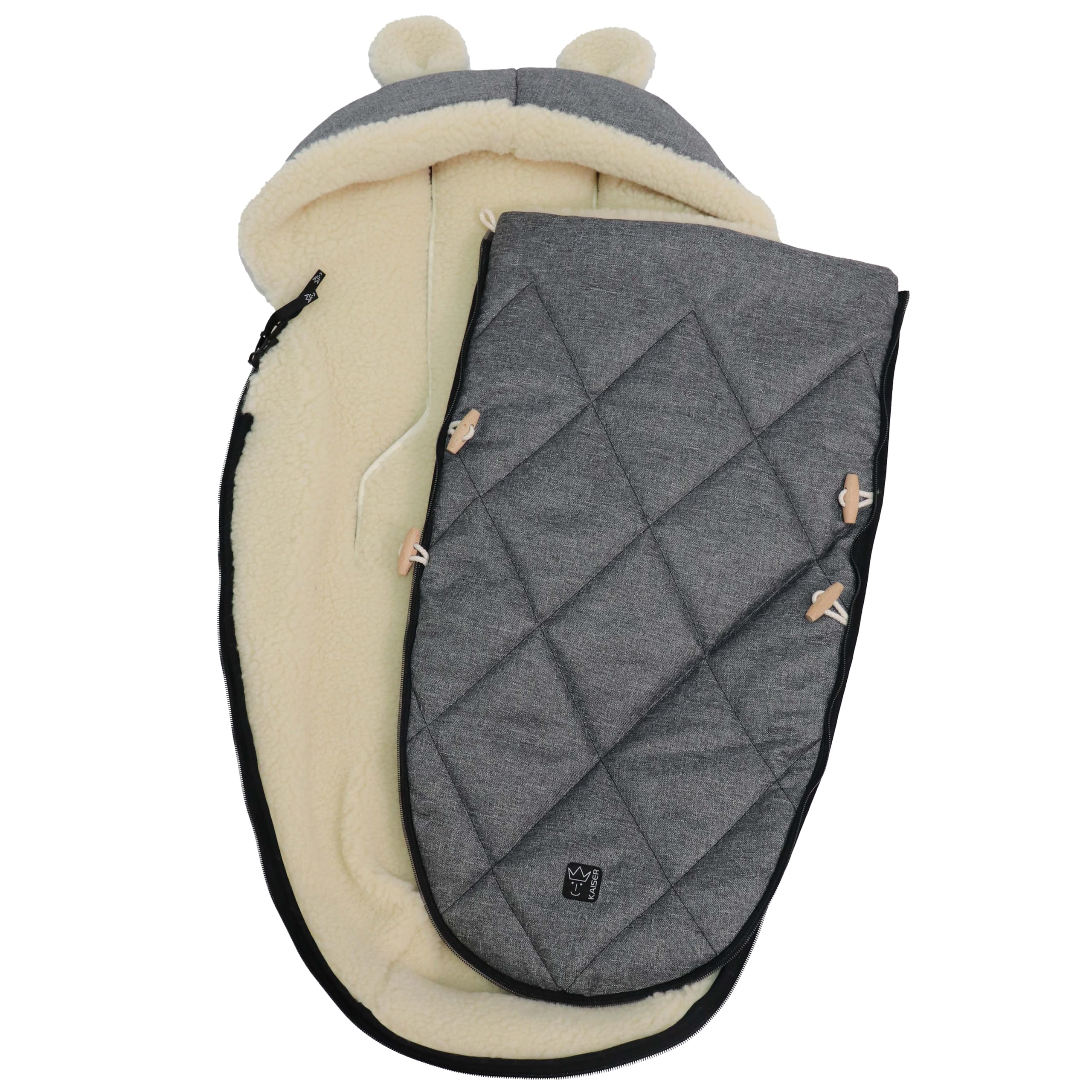 Sacchi Kaiser. Modello Fleece-FuÃŸsack XL Ears Wool Fütterung aus 100% Schafwolle für Kinderwagen und Buggy - Anthracite Melange