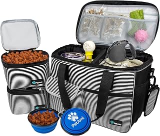 PetAmi Dog Travel Bag Organizer, Pet Travel Kit with 2 Food Containers & 2 Collapsible Dog Bowls, Pet Supplies Tote with Luggage Sleeve, Weekend Road Trip Camping Essentials, Stripe Black, Medium