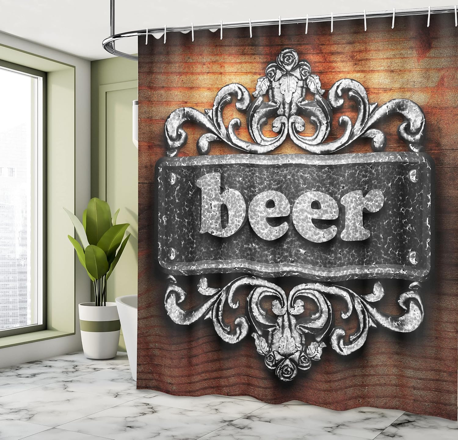 Ambesonne Manly Shower Curtain, Grey Tone Word on Ornament Beer Text Wooden Background Interior Rustic, Cloth Fabric Bathroom Decor Set with Hooks, 69" W x 70" L, Brown Grey