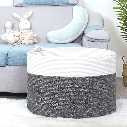 Miniatura 42 de MINTWOOD Design Cesta decorativa extragrande de 22 x 16 pulgadas de cuerda de algodón tejida para sala de estar con asas y cesta redonda para ropa