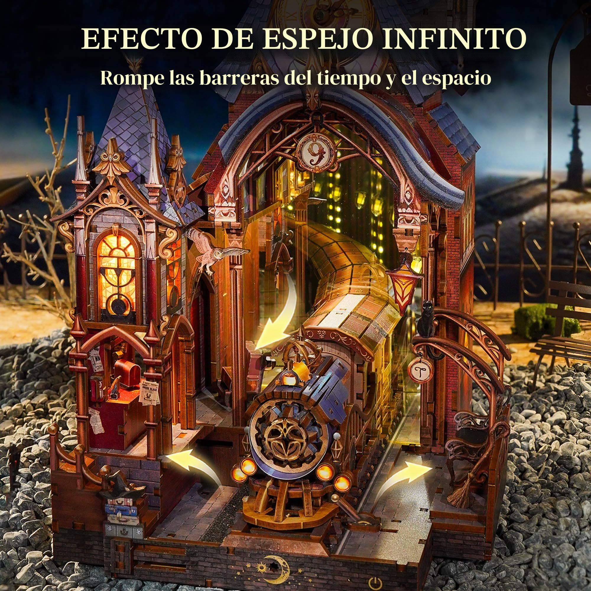 Tonecheer Puzzle 3D LED Book Nook Miniatura mágica interactiva con Espacio de expansión Infinito, Inserto DIY para estantería, decoración y Regalo Creativo (Estación Mágica)