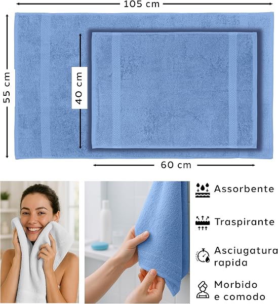 Caleffi Set Asciugamani Bagno con Ospite 6 Pz – Composto da 3x Asciugamano Viso 55x100 cm + 3x Asciugamano Bidet 40x60 cm – Cotone 100% Morbido e Ultra Assorbente – Doccia, Viso e Ospitalità Set Bagno - 3