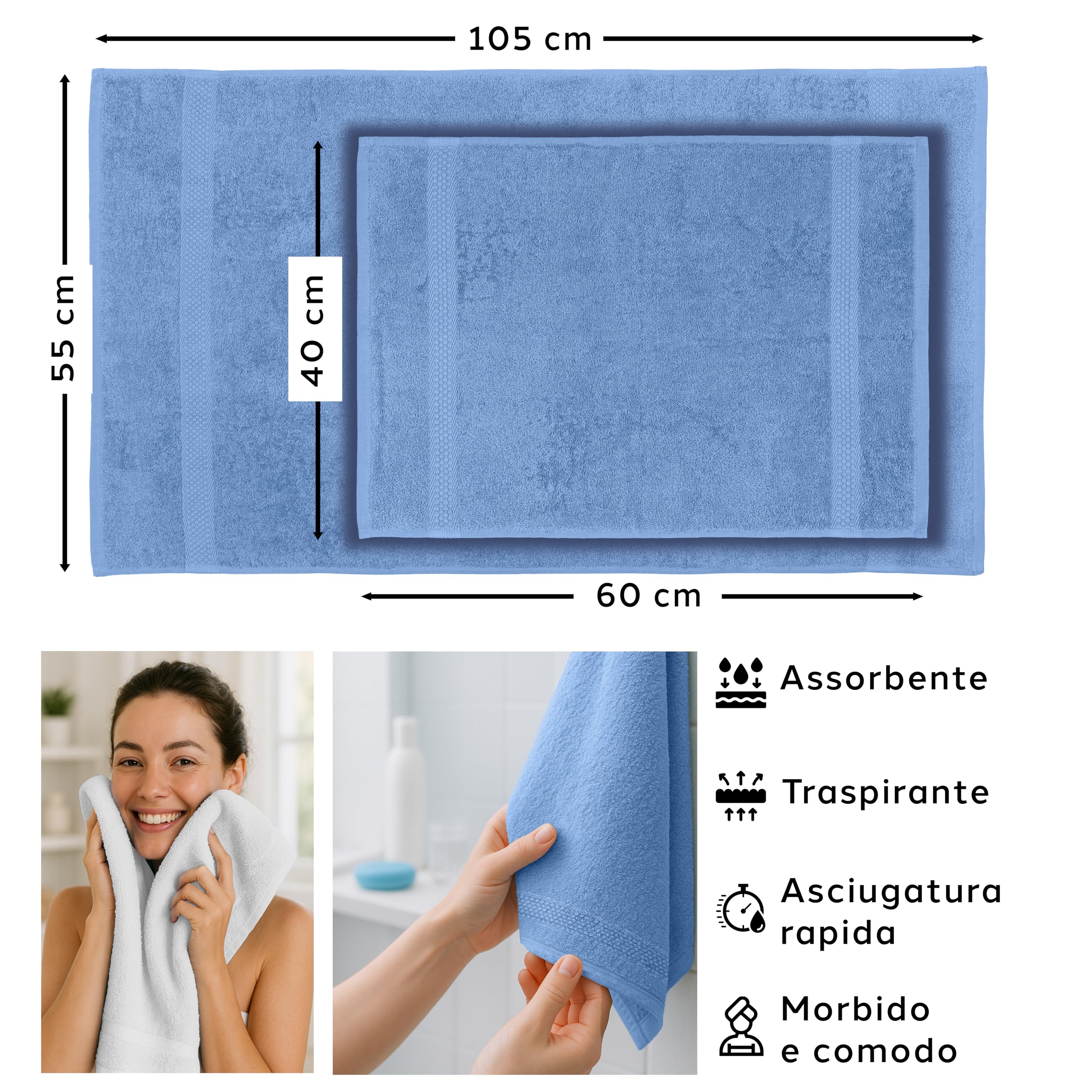 Caleffi Set Asciugamani Bagno con Ospite 6 Pz – Composto da 3x Asciugamano Viso 55x100 cm + 3x Asciugamano Bidet 40x60 cm – Cotone 100% Morbido e Ultra Assorbente – Doccia, Viso e Ospitalità Set Bagno