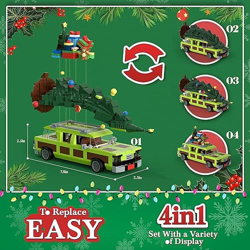 Miniatura 3 de Juego de juguetes de construcción de películas de pueblo navideño, estación 4 en 1 con kit de construcción de árbol de Navidad familiar,