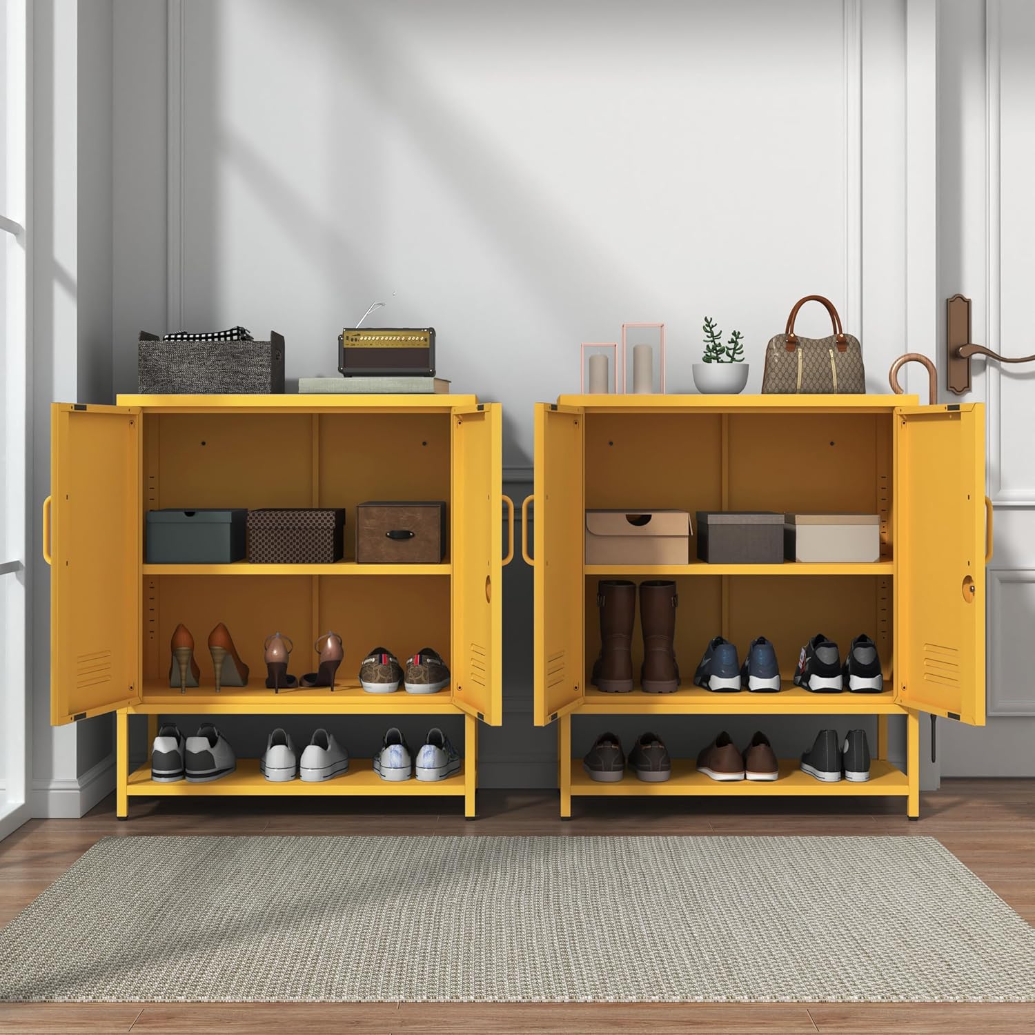 Yellow Metal Storage Locker with Adjustable Shelves,Lockable Shoe Cabinet,Durable Metal Cabinet,Multi-Functional Organizer for Hallway Entryway Living Room 33" H X 29.5" W X 13.8" D