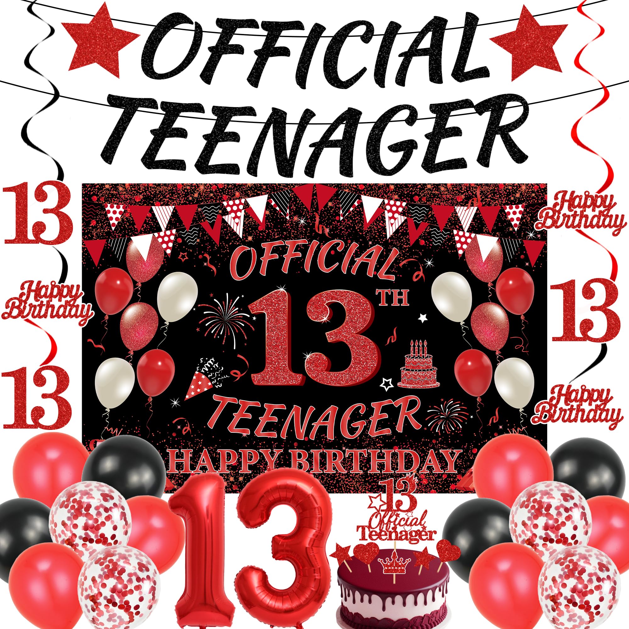 13th Birthday Decorations Boys Banner - 26 Pcs Red and Black Official Teenager Banners Hanging Swirls Cake Topper Balloons Foil Latex Number 13 Balloons for Happy 13 Bhday Party Supplies