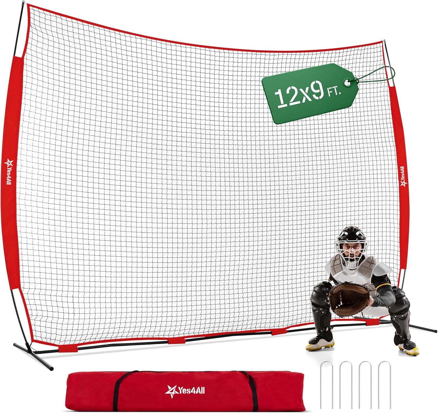 Yes4All Backstop Net for Backyard, 12x9ft Large Lacrosse Backstop, Durable Knotless Net with Strong Frame, 4 U Nails & Carry Bag - Ideal for Golf, Baseball, Basketball, Soccer, Hockey