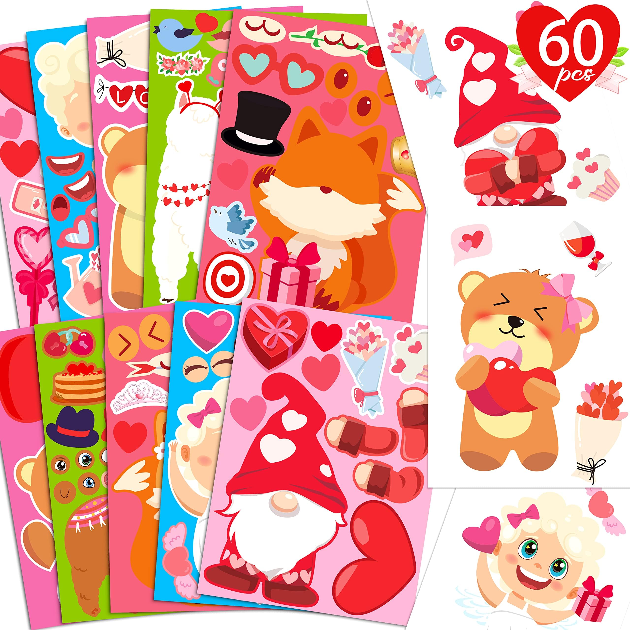 60Sheets Valentines Stickers Crafts for Kids - Make-A-Llama/Bear/Fox/Cupid/Gnome Face Sticker- Valentine's Day Gifts Goodie Bag Stuffer School Classroom Activity Games Party Favors (Small Size)