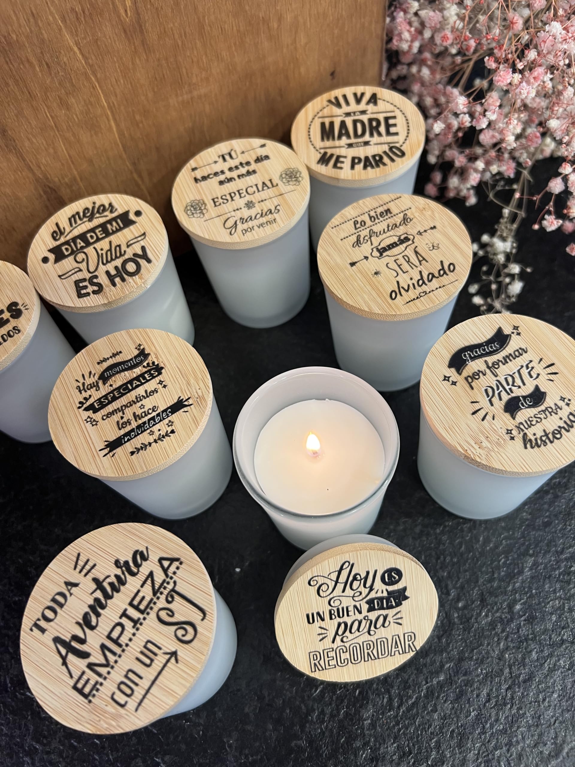 Uvimark - Detalles de boda, comunión, bautizo - Set de 10 velas aromáticas con mensaje - Velas estampadas con tapa de madera - Regalos Originales