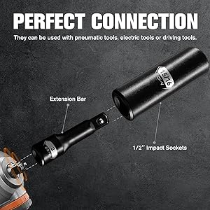 PGROUP 1/2 Inch Drive Deep Impact Socket Set, 17-Piece 6 Point Standard SAE Sizes (3/8 In to 1-1/4 In), Cr-V Steel, Includes 3", 5", 10" Impact Extension Bars with Heavy Duty Storage Case