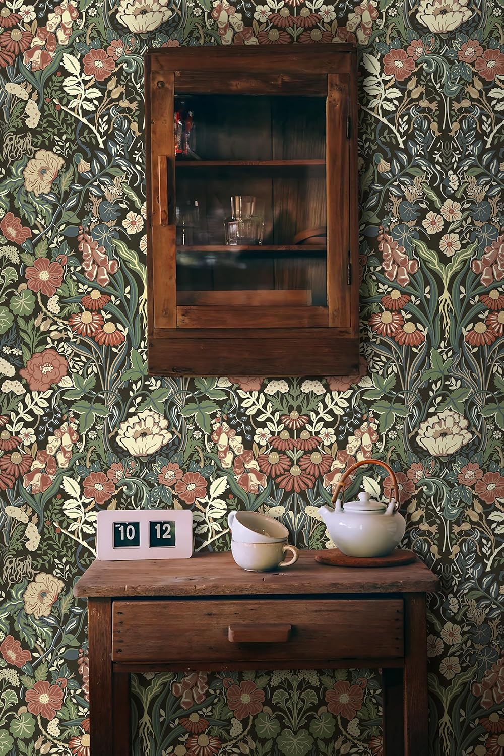 Vintage Wallpaper Peel and Stick Floral Wall Paper Removable Waterproof Green/Yellow/Black Contact Paper for Bedroom, Bathroom, Home Wall 17.3" x 393.7"