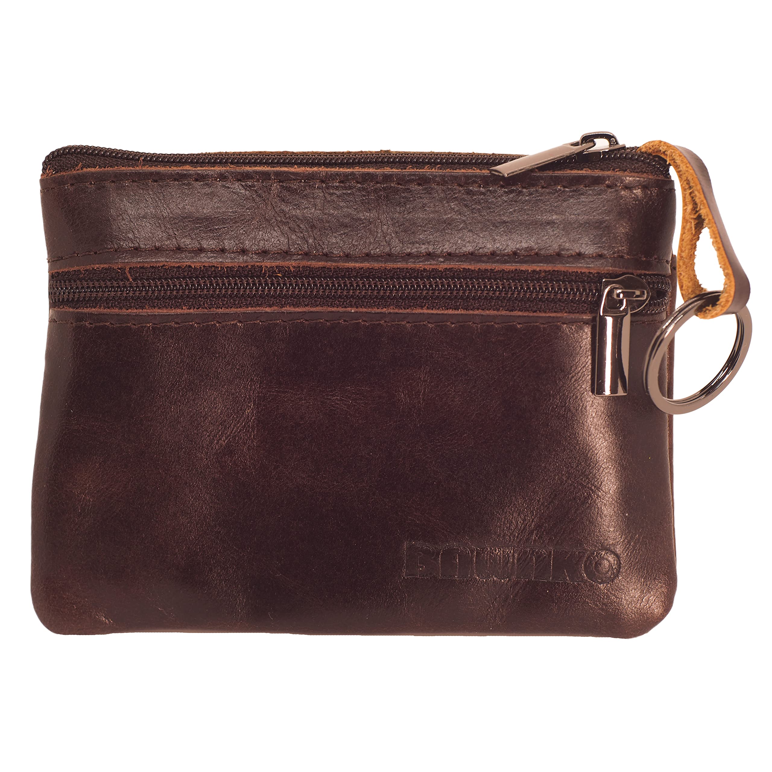 BAWAKO Portamonete in vera pelle, tre scomparti, chiusura con cerniera, adatto per carte e monete, con portachiavi mini portafoglio, universale(Marrone)