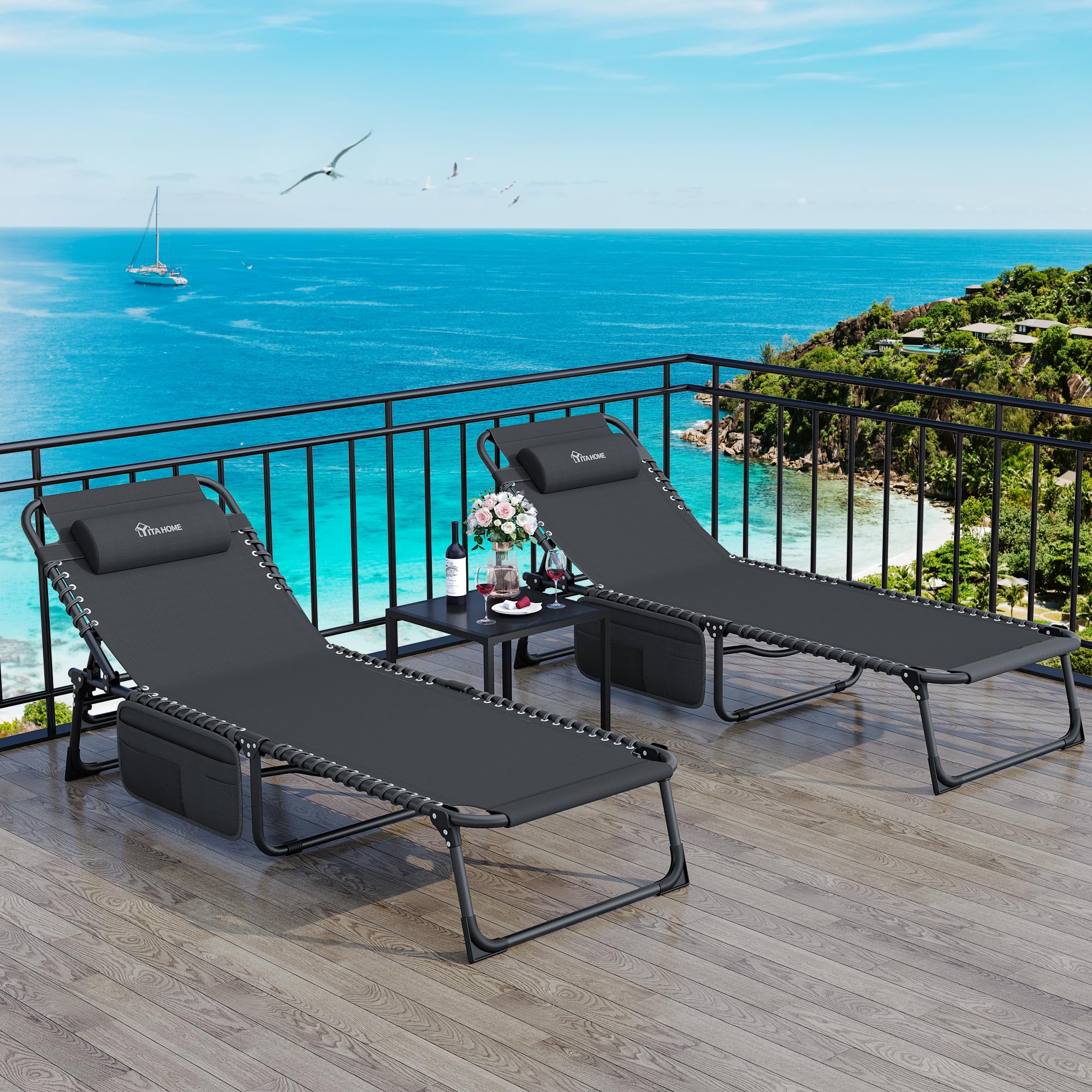 YITAHOME Patio Lounge Chair, Portable Reclining Chairse Lounge Folding Camping Cot 4 Posistion Adjustable w/Head Pillow & Portable Handbag for Camping, Pool, Beach and Patio, Black