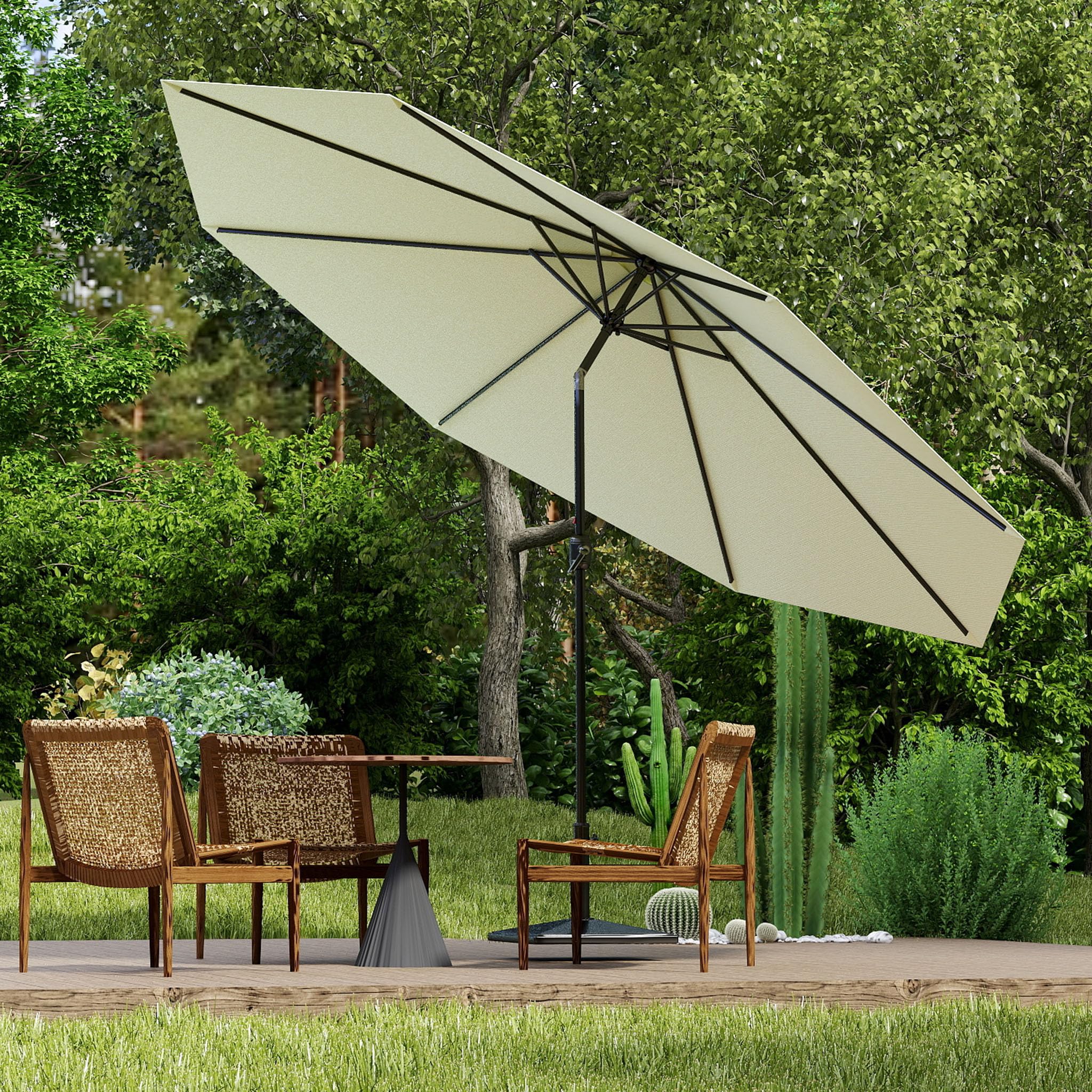 Froadp Ø350cm Sombrilla de Jardín de Protección UV, Paragua de Playa Octogonal con Mango, Equipo Portátil de Sombreado para Exteriores para Balcón Terraza Piscina Patio (Beige)