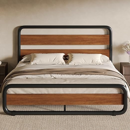 SHA CERLIN Full Size Metal Bed Frame with Wooden Headboard and Footboard, Heavy Duty Platform Frame with Under-Bed Storage, Noise Free, No Box Spring Needed, Vintage Walnut
