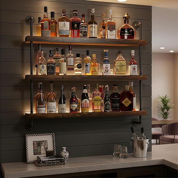 80CM Botellero de Pared Industrial, 3 Niveles Estantes de madera maciza Botellero Vino Luz LED, Multifuncional Estante para Vino Flotante para exhibición de Vino, para el hogar,Restaurante,Bares - 1