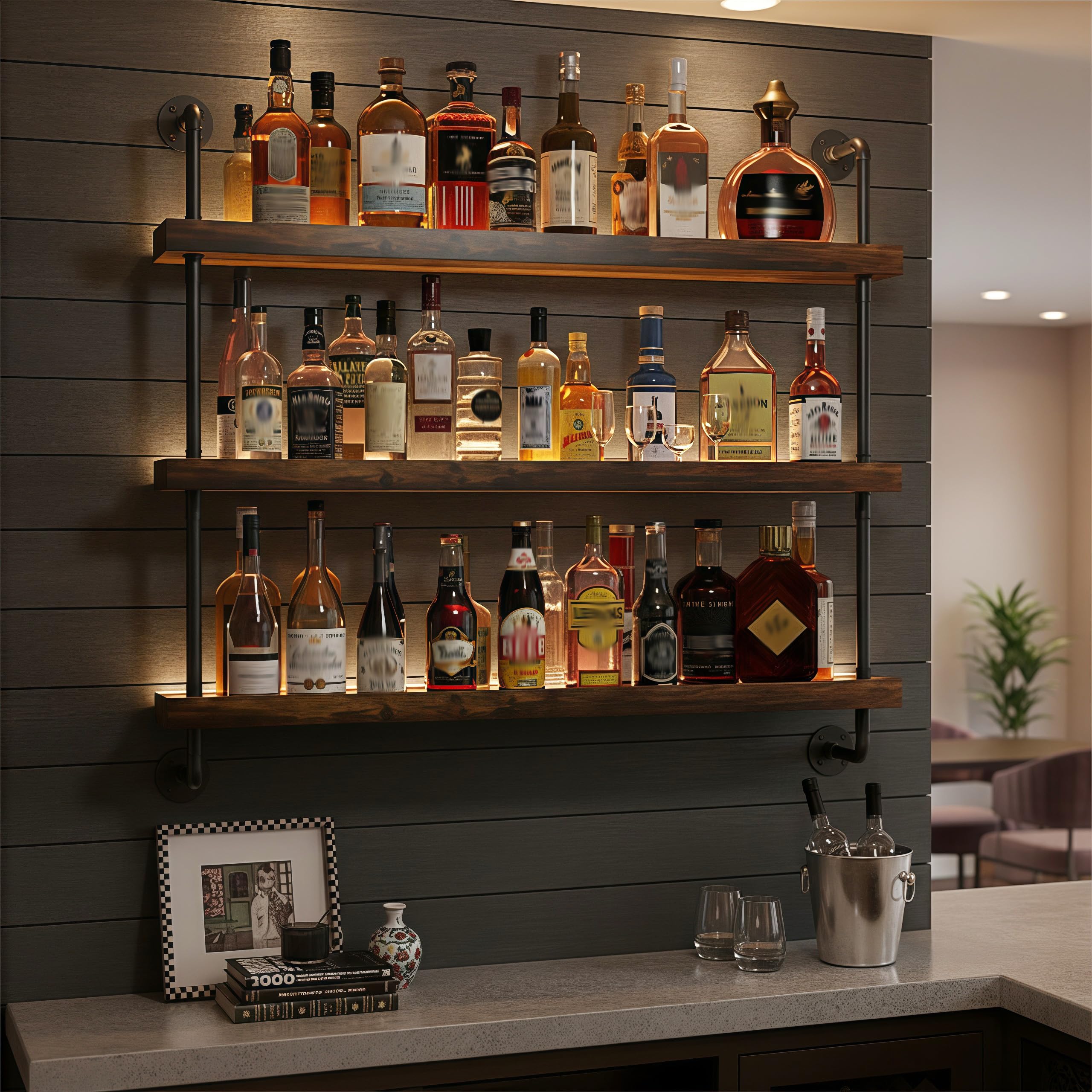 80CM Botellero de Pared Industrial, 3 Niveles Estantes de madera maciza Botellero Vino Luz LED, Multifuncional Estante para Vino Flotante para exhibición de Vino, para el hogar,Restaurante,Bares
