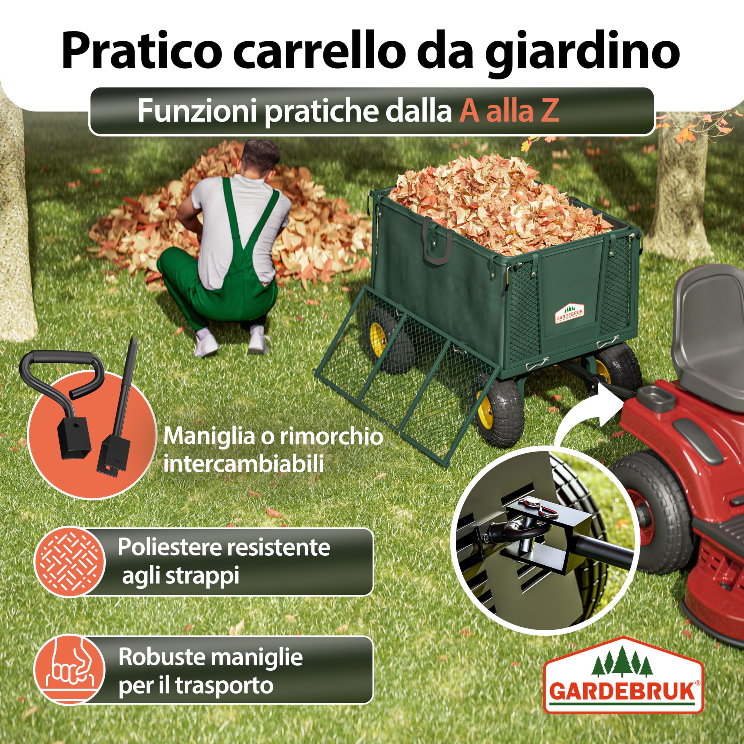 GARDEBRUK® Carrello Portatutto con Ruote 550 kg Rimorchio Carretto Grande da Giardino con Borsone in Tela Rimovibile