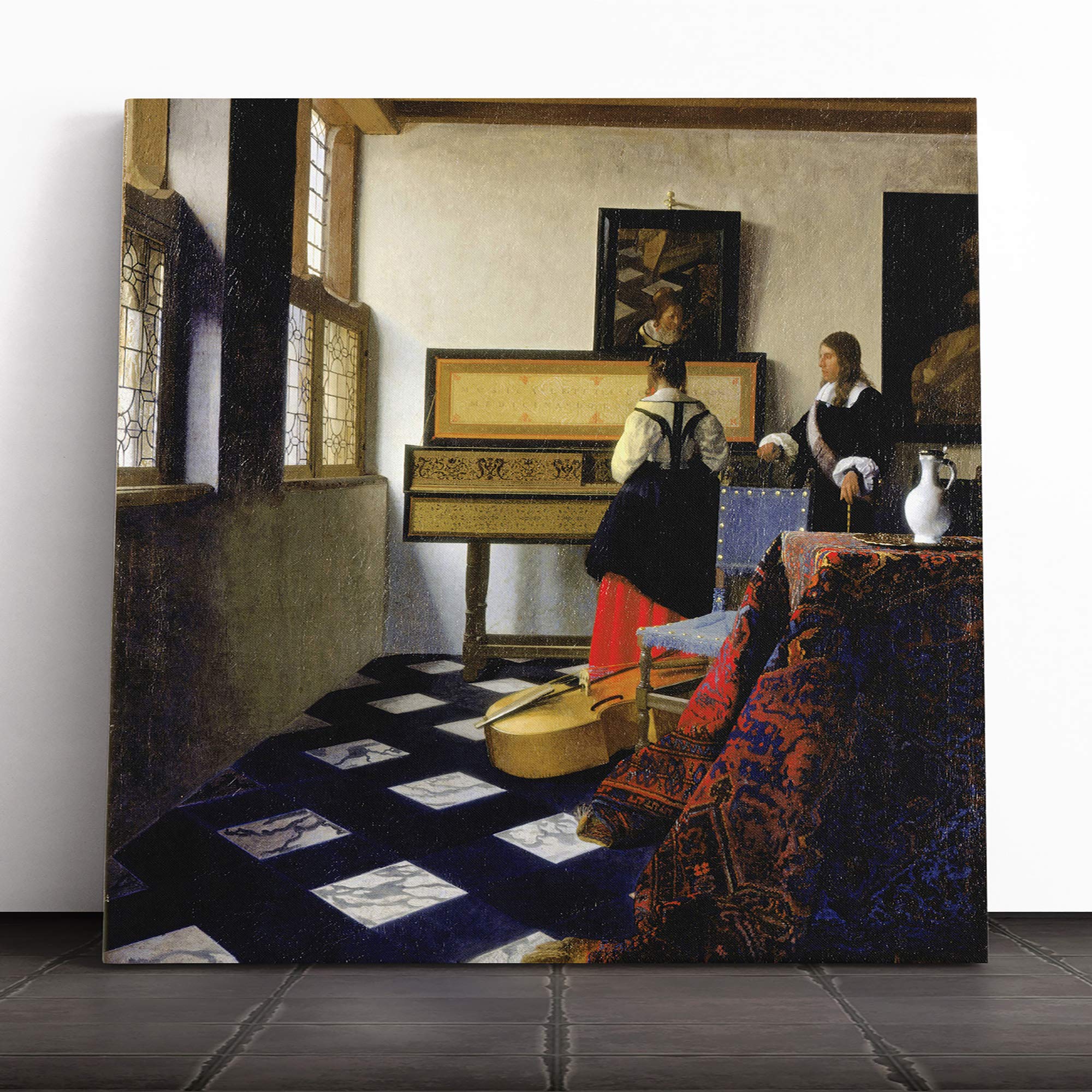 Big Box Art Canvas Print Wall Art Johannes Vermeer The Music Lesson | Mounted & Stretched Box Frame Picture | Home Decor for Kitchen, Living Room, Bedroom, Hallway, Muli-Colour, 14x14 Inch