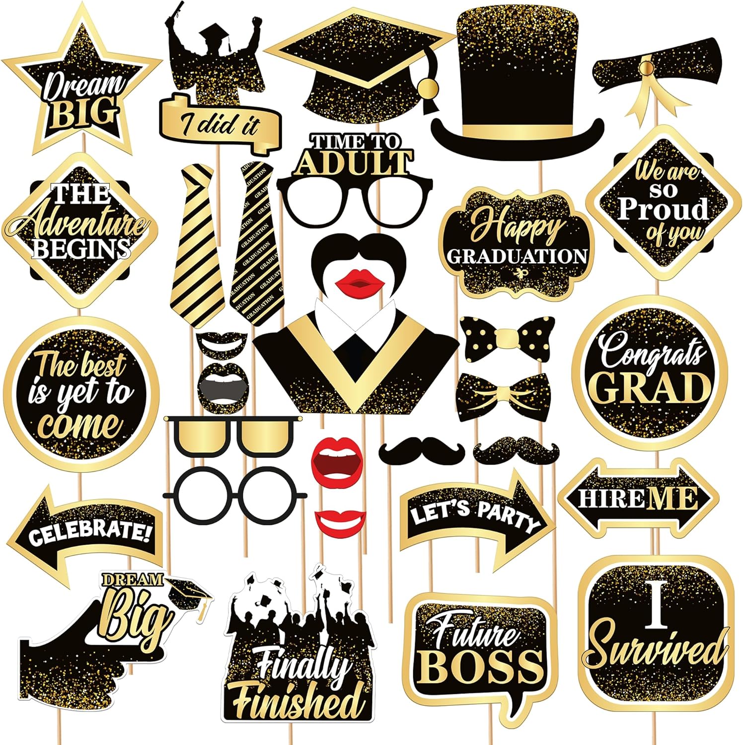 KatchOn, Black Graduation Photo Props 2026 - Pack of 33 | Grad Photo Props, Black and Gold 2026 Graduation Decorations | Grad Photo Booth Props for Grad Props for Photoshoot 2026