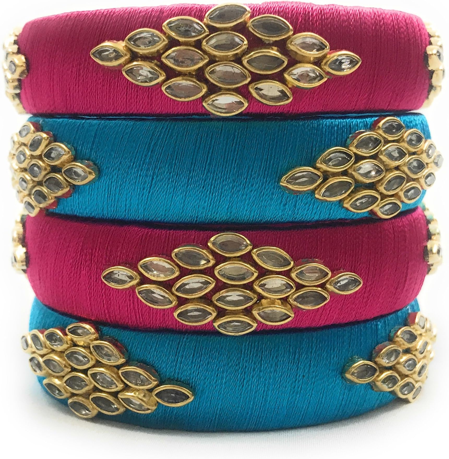 Nyara Handicraft Set of 4 silk thread bangles/bracelets set;Kundan bangles;