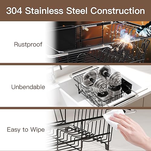 Miniatura 5 de Estante de secado de platos expandible sobre el fregadero en acero inoxidable para cocina pequeña, estante de secado de platos moderno y compacto de