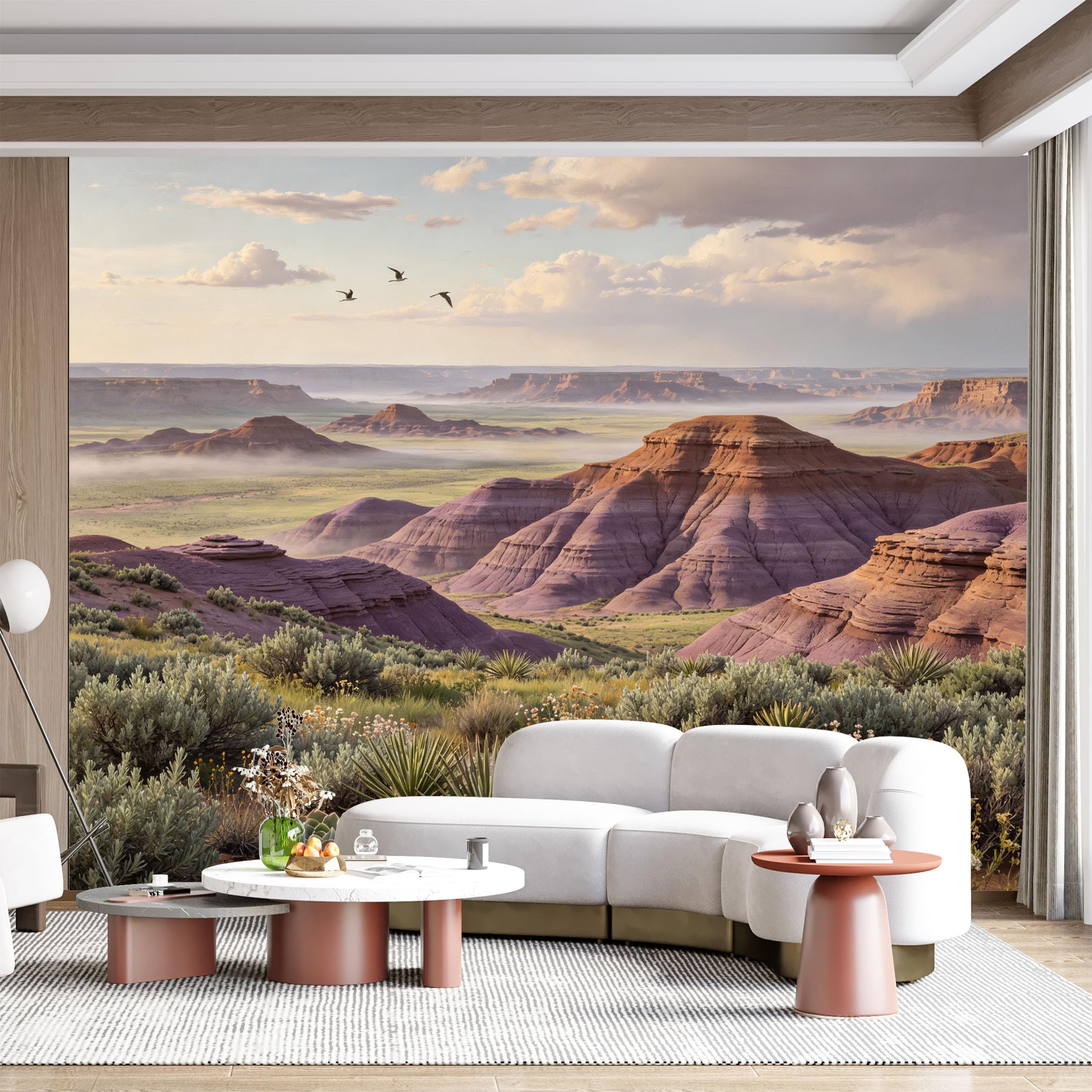 Custom Size Wall Mural Arid Landscape Desert Sagebrush Succulents Birds Flying SelfAdhesive Wall Fabric Removable for Home Office Decor