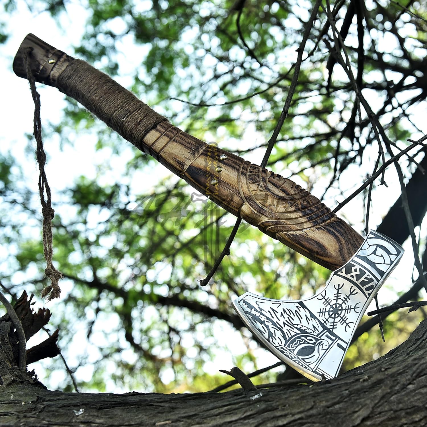 Hand-Forged Viking Axe – Authentic Norse Battle Axe with Custom Engraved Carbon Steel Blade & Carved Wooden Handle – Perfect for Throwing, Camping, Hunting & Gifts AH-001-AX