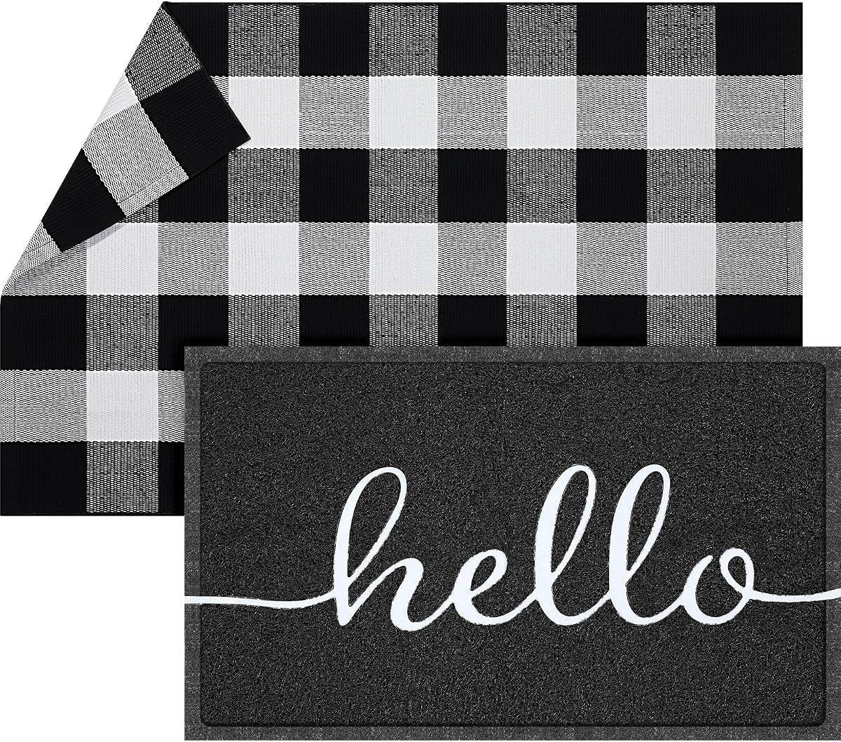 2 felpudos Hello de 30.0 x 18.0 in, 43 x 27,5 pulgadas, alfombra en capas en blanco y negro para puerta delantera, entrada exterior, puerta de bienvenida, para interior y exterior, decoración de porche