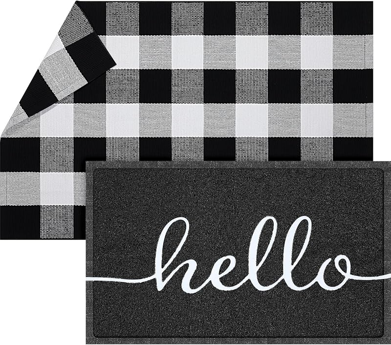 2 felpudos Hello de 30.0 x 18.0 in, 43 x 27,5 pulgadas, alfombra en capas en blanco y negro para puerta delantera, entrada exterior, puerta de bienvenida, para interior y exterior, decoración de porche