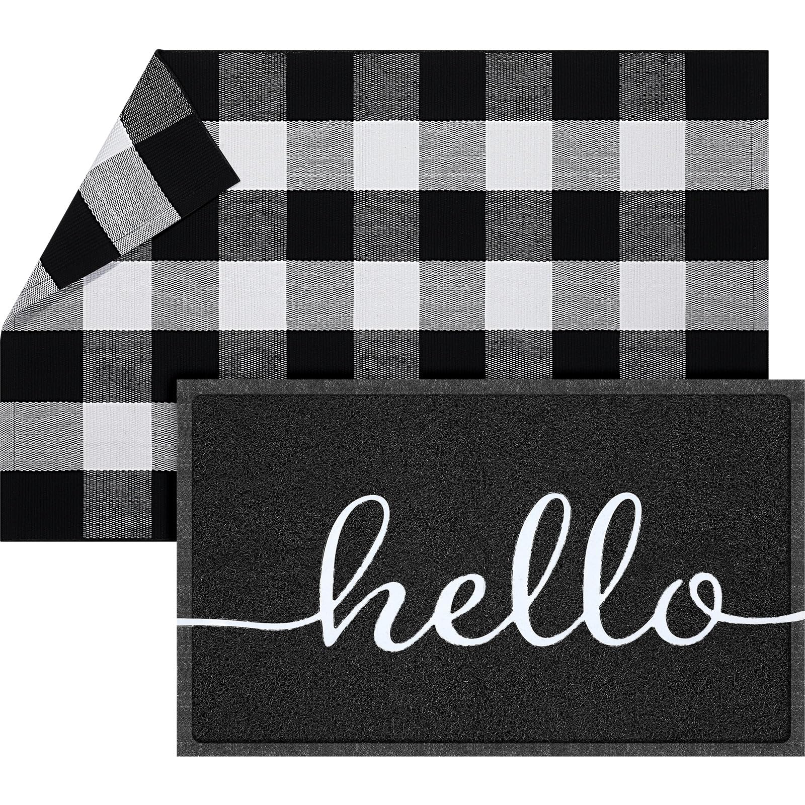 Geelin 2 Pcs Hello Doormat 30'' x 18'' Rustic Buffalo Outdoor Rug 43'' x 27.5'' Door Mats for Front Door Farmhouse Outdoor Doormats for Indoor Outside